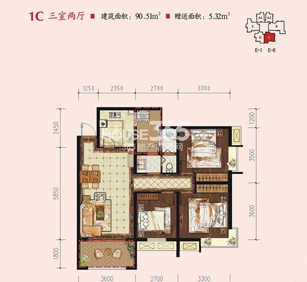 中华世纪城马上1c户型3室2厅1卫1厨 90.51㎡