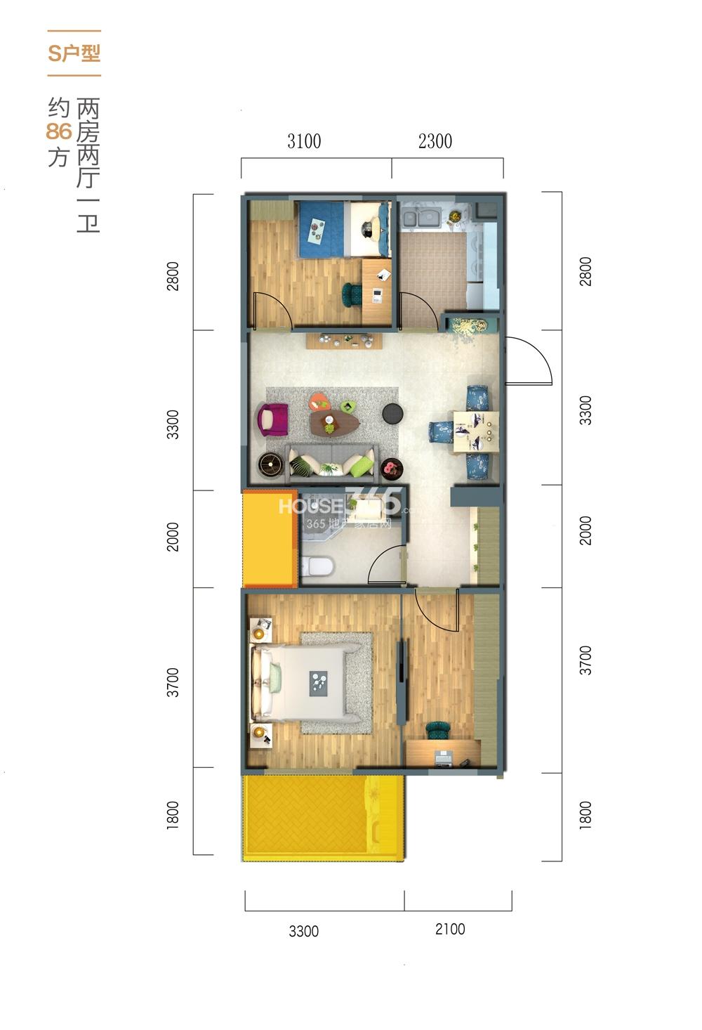 嘉和银领时代S户型86方两房两厅一卫户型图